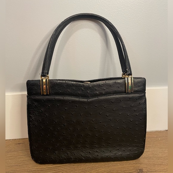 Vintage Ostrich Frame Bag Purse Black Gold Metalwork - Picture 1 of 8